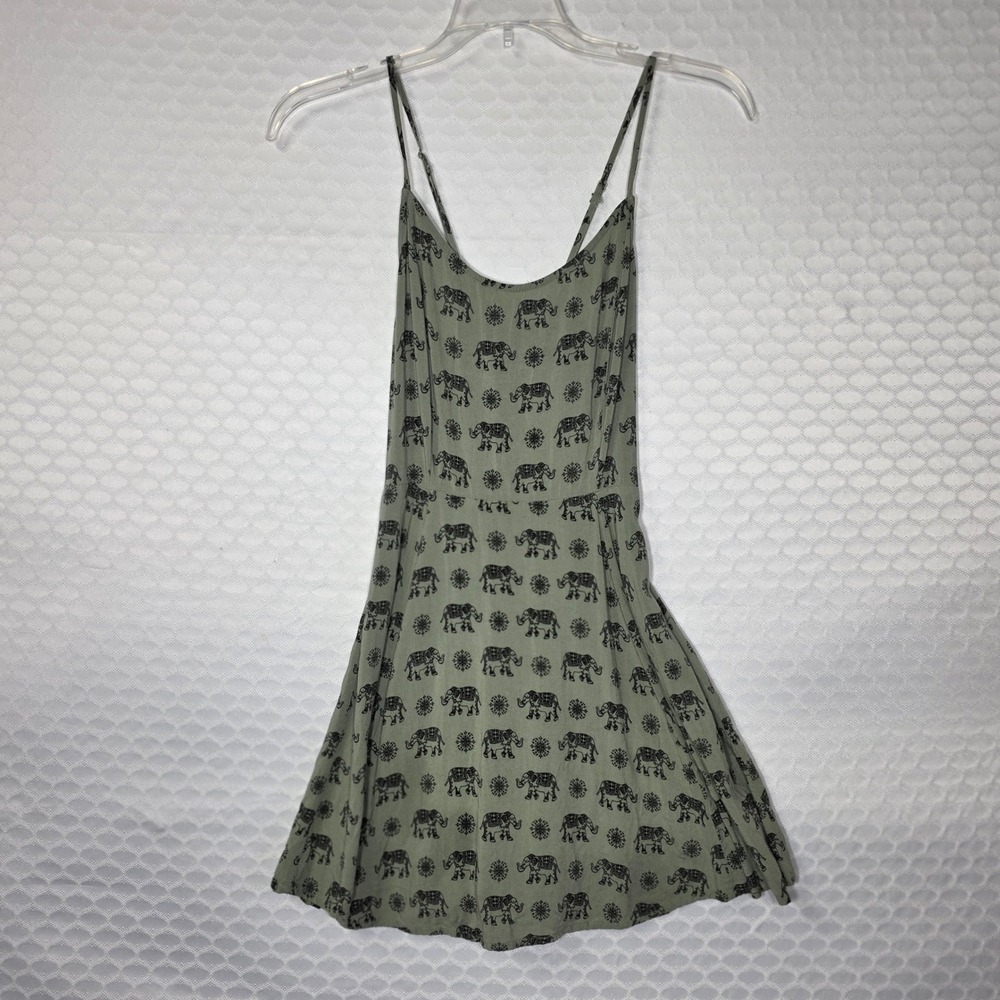 Forever 21 Sage Green Elephant Print Mini Dress Small Adjustable Straps Boho